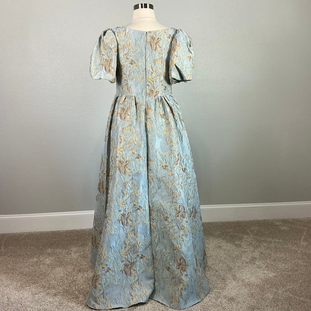 Mac Duggal 11608 Metallic Floral High Low Evening Gown Blue + Gold Size 14 Dress - Picture 7 of 12